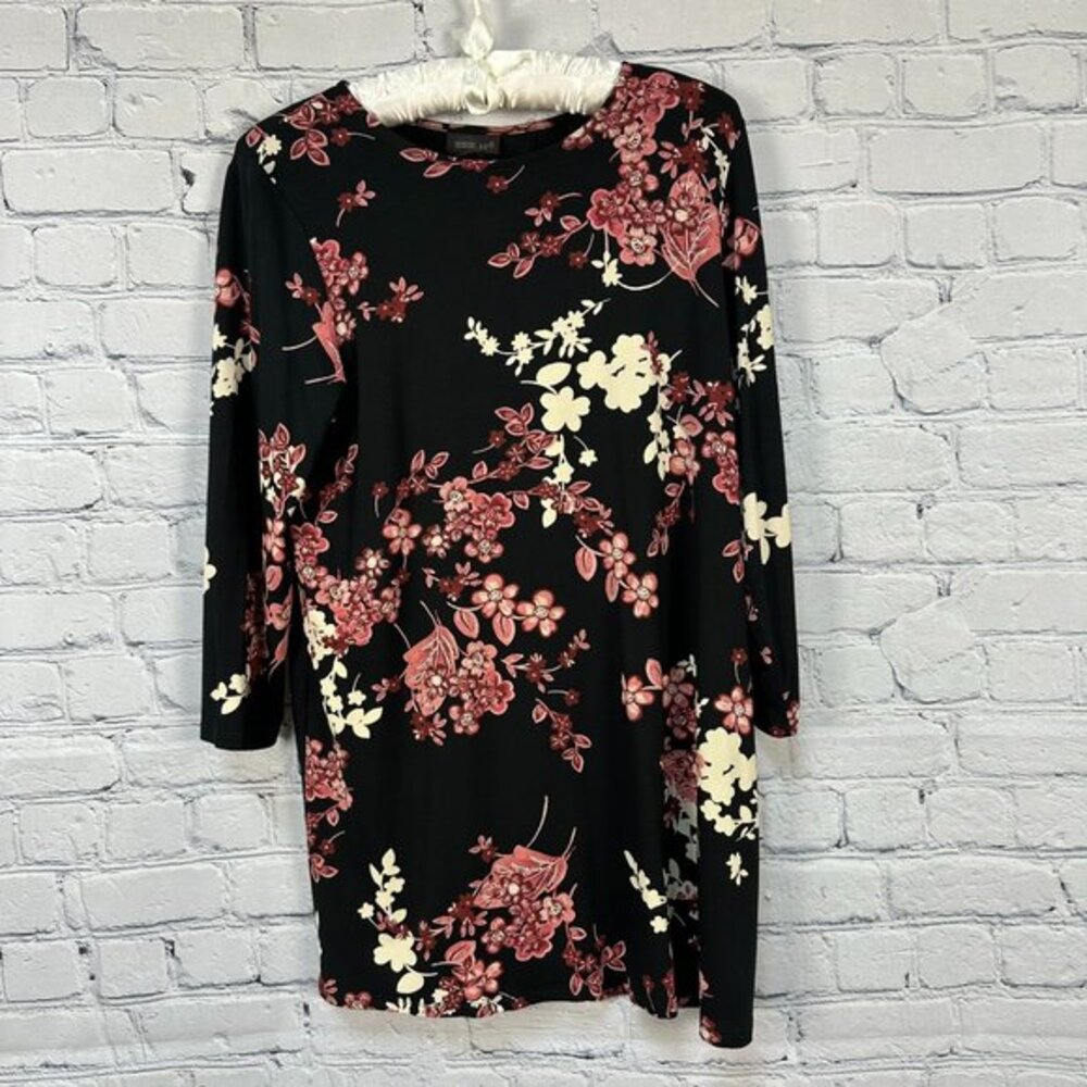 J. Jill Women's Floral Print Knit Tunic Blouse Top, Size Small, Black/Pink